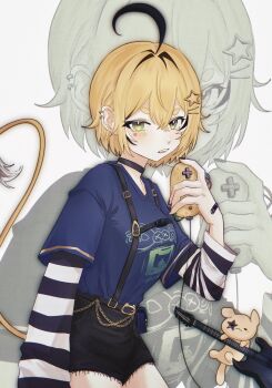 1girl ahoge black_hair blonde_hair bubbles_(dooby) casual choker dooby green_eyes hair_ornament hairclip happy_(yppah1060) highres indie_virtual_youtuber long_sleeves multicolored_hair potato shirt short_hair shorts solo streaked_hair suspender_shorts suspenders virtual_youtuber white_background