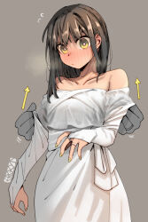 Rule 34 | blush, brown hair, detached sleeves, dress, elbow gloves, ergot, fubuki (kancolle), gloves, grey background, jewelry, kantai collection, long hair, messy hair, nail polish, ring, simple background, steam, steaming body, wedding ring, white dress, yellow eyes