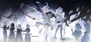 absurdres animal_ears arknights bare_shoulders black_choker black_coat black_dress blood bloody_tears boots braid braided_ponytail breasts cat_ears cat_girl choker coat dress ears_through_hood expressionless from_behind from_side frown full_body green_dress green_eyes green_hair hand_up hands_up high_heel_boots high_heels highres holding_hands hood hood_up hooded_coat kal&#039;tsit_(advisor)_(arknights) kal&#039;tsit_(arknights) kal&#039;tsit_(boss)_(arknights) kal&#039;tsit_(formal)_(arknights) kal&#039;tsit_(maid)_(arknights) long_hair looking_at_viewer looking_to_the_side maid_headdress material_growth medium_breasts medium_hair multiple_persona multiple_views oripathy_lesion_(arknights) shards small_breasts smile tabayashi thighhighs very_long_hair white_coat white_dress white_hair