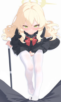 1girl absurdres between_legs black_sailor_collar black_serafuku blonde_hair blue_archive bow bowtie cane closed_mouth commentary_request crying crying_with_eyes_open fang feet fluffy_hair footjob footjob_over_clothes green_eyes hair_intakes halo hand_between_own_legs hetero highres holding holding_cane jiuchong_ying_fengxue loli long_hair looking_at_viewer missing_headwear no_shoes pantyhose pov pov_crotch professor_niyaniya_(blue_archive) red_bow red_bowtie sailor_collar school_uniform serafuku side_ahoge single_tear solo solo_focus tears thighband_pantyhose thighs toes very_long_hair wavy_hair white_pantyhose yellow_halo