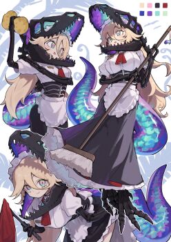 1girl absurdres blonde_hair blue_eyes breasts broom closed_mouth commission hair_between_eyes highres holding holding_broom holding_sponge large_breasts looking_at_viewer maid multicolored_eyes open_mouth original pink_eyes short_sleeves skeb_commission solo sponge tail tongue tongue_out zizi_niisan