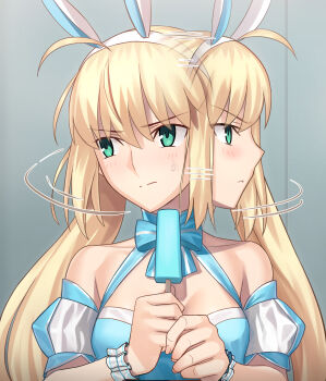 1girl :&lt; afterimage ahoge animal_ears apron artoria_caster_(fate) artoria_caster_(swimsuit_berserker)_(second_ascension)_(fate) artoria_pendragon_(fate) besmiled blonde_hair blue_bow blue_dress blurry blush bow bowtie breasts chinese_commentary cleavage closed_mouth collarbone commentary_request cropped_torso detached_sleeves dress fake_animal_ears fate/grand_order fate_(series) food hair_between_eyes hairband highres holding holding_food holding_popsicle indoors licking long_hair looking_to_the_side motion_lines ponytail popsicle puffy_short_sleeves puffy_sleeves rabbit_ears scrunchie short_sleeves small_breasts solo sweatdrop very_long_hair white_apron white_hairband white_sleeves wrist_scrunchie