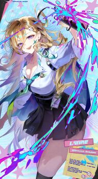 1girl absurdres aqua_necktie black_skirt blonde_hair braid braided_bangs breasts character_name cleavage collarbone colorful_background commentary earrings fsuusux hair_ornament hashtag-only_commentary highres holding holding_spray_can id_card jewelry long_hair looking_at_viewer lynae_(wuthering_waves) medium_breasts multicolored_hair necktie open_mouth purple_eyes shirt shirt_tucked_in skirt skull_hair_ornament smile solo spray_can star_(symbol) star_earrings streaked_hair thighs white_shirt wuthering_waves