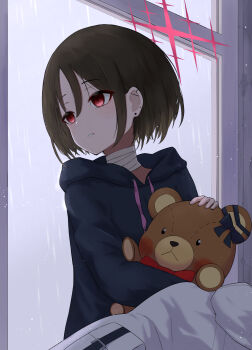1girl absurdres bandaged_neck bandages barbell_piercing black_bow black_hoodie blue_archive bow brown_hair commentary_request ear_piercing halo highres holding holding_stuffed_toy hood hoodie industrial_piercing jacket looking_to_the_side misaki_(blue_archive) parted_lips piercing rain red_eyes red_halo shiroiurushi short_hair smile solo stuffed_animal stuffed_toy teddy_bear unworn_jacket upper_body window