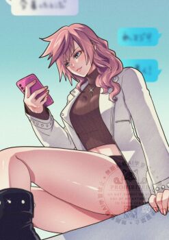1girl arm_support asymmetrical_hair blue_eyes cellphone chat_log crop_top dissidia_duellum_final_fantasy dissidia_final_fantasy final_fantasy final_fantasy_xiii highres holding holding_phone jacket jewelry lightning_farron midriff navel necklace official_alternate_costume phone pink_hair shikiwo sitting smartphone smile solo thighs turtleneck white_jacket