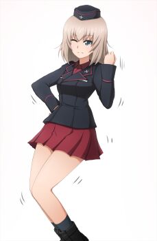 1girl ankle_boots black_boots black_hat black_jacket black_socks blue_eyes boots closed_mouth dancing dress_shirt frown garrison_cap girls_und_panzer grey_hair hand_on_own_hip hat highres itsumi_erika jacket kuromorimine_military_uniform long_hair long_sleeves looking_at_viewer military military_hat military_uniform miniskirt motion_lines omachi_(slabco) one_eye_closed pleated_skirt red_shirt red_skirt revision shirt simple_background skirt socks solo standing white_background