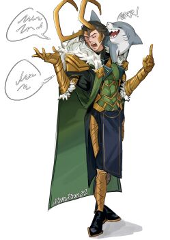 1boy absurdres animal animal_on_shoulder armor artist_name black_hair cape closed_eyes commentary covered_abs english_commentary fake_horns full_body fur_trim gills gold_gloves green_cape highres horned_headwear horns index_finger_raised jeff_(marvel) loki_(marvel) marvel marvel_rivals moon_(moonmoon02_l) open_mouth pauldrons shark sharp_teeth short_hair shoulder_armor speech_bubble spoken_squiggle squiggle teeth thor_(marvel)_(series) white_background