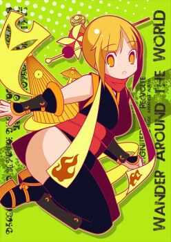 1girl :o album_cover alternate_color black_dress black_thighhighs blonde_hair butternuts303 comiket_81 commentary_request cover dated_commentary dress full_body green_background jumping karakasa_(ragnarok_online) karakasa_obake looking_at_viewer ninja ninja_(ragnarok_online) obi open_mouth orange_eyes orange_umbrella ragnarok_online re:volte red_sash sash second-party_source sleeveless sleeveless_dress solo the_paper_(ragnarok_online) thighhighs umbrella vambraces