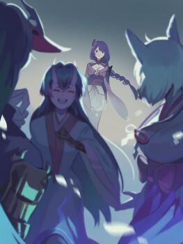 1boy 3girls animal_ears bird_boy blunt_bangs blurry braid breasts chiyo_(genshin_impact) cleavage closed_eyes closed_mouth clothing_cutout commentary depth_of_field english_commentary fox_ears fox_girl genshin_impact gradient_background hair_between_eyes hair_ornament happy highres horns japanese_clothes kimono kitsune_saiguu large_breasts long_braid looking_at_viewer multiple_girls off_shoulder open_mouth pamen purple_kimono purple_sash raiden_shogun sad sasayuri_(genshin_impact) sash shoulder_cutout single_braid smile solo_focus standing thighhighs wide_sleeves