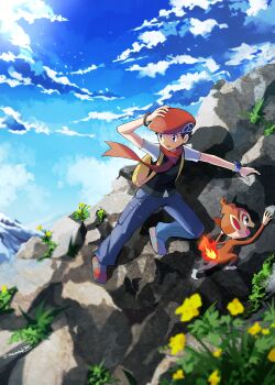 1boy absurdres backpack bag beret black_hair blue_pants bracelet chimchar climbing cloud cloudy_sky commentary_request fire flower gen_4_pokemon grey_eyes grey_shirt hand_on_headwear hat highres jewelry light_particles lucas_(pokemon) male_focus monkey nintendo outdoors pants parted_lips plant pokemon pokemon_(creature) pokemon_dppt red_footwear red_hat red_scarf rock sawarabi_(sawarabi725) scarf shirt shoes short_hair short_sleeves sky sunlight yellow_bag yellow_flower