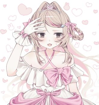 Rule 34 | 1girl, :3, absurdres, arm up, averting eyes, bare shoulders, blush, bow, braid, braided hair rings, collarbone, colored inner hair, commentary request, criss-cross halter, dress, dress bow, fangs, frilled dress, frills, glove bow, gloves, grey hair, hair intakes, hair ornament, hair ribbon, hair rings, hairclip, halterneck, hand on own forehead, heart, heart-shaped gem, heart background, highres, long hair, makaino ririmu, multicolored hair, nijisanji, off-shoulder dress, off shoulder, official alternate costume, official alternate hairstyle, open mouth, pink bow, pink dress, pink hair, pink ribbon, pink streaks, pointy ears, red eyes, regu (cc41 ti), ribbon, side part, side up ring, sidelocks, solo, standing, star (symbol), star hair ornament, straight-on, streaked hair, sweatdrop, swept bangs, tiara, two-tone dress, two-tone hair, two side up, upper body, virtual youtuber, white background, white dress, white gloves