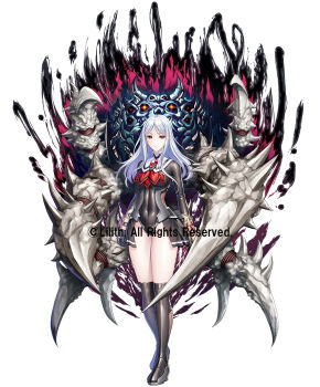 1girl black_boots boots breasts commentary_request copyright_notice full_body gauntlets highres large_breasts looking_at_viewer official_art onigumo_saburo red_eyes sailor_collar sano_toshihide solo standing taimanin_(series) taimanin_rpgx taimanin_suit white_hair