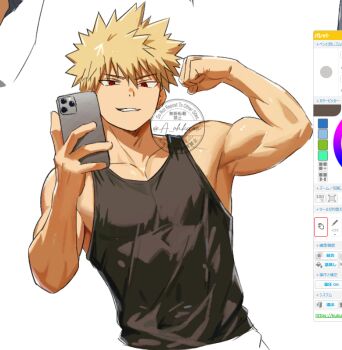 1boy a_ohkami armpits art_program_in_frame bakugou_katsuki biceps black_tank_top blonde_hair boku_no_hero_academia breasts cellphone cleavage collarbone commentary cropped_torso flexing holding holding_phone looking_at_viewer male_focus mirror_selfie pectorals phone red_eyes selfie shiny_skin short_hair sidepec smartphone solo spiked_hair symbol-only_commentary tank_top teeth toned toned_male