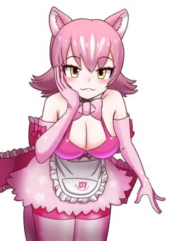 1girl animal_ears apron bare_shoulders bow bowtie bra breasts elbow_gloves equalarrow extra_ears gloves japari_symbol kemono_friends kemono_friends_3 large_breasts looking_at_viewer panther_ears panther_girl panther_tail pantyhose peach_panther_(kemono_friends) pink_hair ribbon short_hair simple_background skirt solo tail underwear yellow_eyes