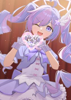 1girl :d absurdres ahoge blue_archive drill_hair fukujin gloves hair_ornament halo heart heart_hands highres long_hair looking_at_viewer magical_girl multicolored_hair one_eye_closed open_mouth pink_hair pink_halo puffy_short_sleeves puffy_sleeves purple_eyes purple_hair reisa_(blue_archive) reisa_(magical)_(blue_archive) short_sleeves smile solo star_(symbol) star_hair_ornament star_halo twin_drills twintails two-tone_hair white_gloves wing_hair_ornament