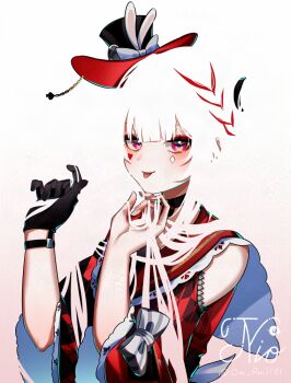 1girl black_choker black_gloves black_hat blending braid choker clothing_cutout commentary_request diamond_(shape) diamond_facial_mark facial_mark gloves gradient_background hat hat_ornament heart heart_facial_mark honkai:_star_rail honkai_(series) long_hair long_sleeves looking_at_viewer mini_hat mini_top_hat om_rm1101 pink_eyes rabbit_hat_ornament red_sailor_collar red_shirt sailor_collar shirt shoulder_cutout signature single_glove solo sparkle_(honkai:_star_rail) sparxie_(honkai:_star_rail) tongue tongue_out top_hat twintails twitter_username upper_body white_hair wide_sleeves