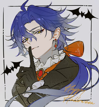 bat_(animal) black_gloves earrings finger_to_mouth flins_(genshin_impact) genshin_impact gloves hair_ribbon halloween halloween_costume happy_halloween jewelry light_smile multicolored_hair ribbon shushing tomanattsu white_background yellow_eyes