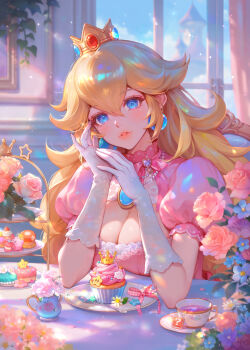 1girl ?_block blonde_hair blue_eyes blue_flower blue_gemstone blush breast_rest breasts breasts_on_table brooch castle cleavage cleavage_cutout clothing_cutout cloud commentary_request crown cup cupcake curtains dress earrings elbow_gloves elbows_on_table flower food gem gloves hair_between_eyes highres indoors iridescent_clothes iridescent_hair jewelry kirby kirby_(series) large_breasts light_smile long_hair looking_at_viewer mario_(series) messy_hair mushroommirror nintendo original parted_lips pastry pearl_earrings pink_dress pink_flower plate pov_across_table princess_peach puffy_short_sleeves puffy_sleeves purple_flower red_gemstone saucer shiny_skin short_sleeves sky sphere_earrings spoon super_crown super_mushroom super_star_(mario) table tablecloth tea teacup very_long_hair white_gloves window yume_kawaii
