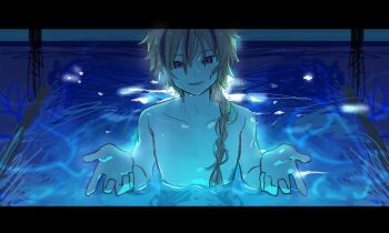 Rule 34 | 1boy, beckoning, blonde hair, blush, braid, braided ponytail, commentary request, fate/strange fake, fate (series), highres, i'll teach you everything (chainsaw man), in water, lionwohshs, male focus, movie reference, multicolored hair, night, open hands, open mouth, parody, pool, red eyes, richard i (fate), scene reference, single braid, smile, solo, streaked hair, topless male, water, wet, wet hair