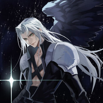 1boy armor black_background black_bow black_coat bow chest_strap closed_mouth coat collarbone commentary english_commentary feathered_wings final_fantasy final_fantasy_vii green_eyes grey_hair hair_intakes highres lips long_hair long_sleeves male_focus parted_bangs sephiroth shoulder_armor single_wing slit_pupils solo sparkle ssp_(cskilling) upper_body wings