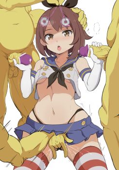 1girl 3boys bar_censor bare_shoulders black_panties black_ribbon blue_shirt blue_skirt blush breasts brown_hair cameltoe censored colored_skin cosplay covered_erect_nipples cowboy_shot cropped_shirt double_handjob elbow_gloves eyelashes fingering fingering_through_clothes gangbang gen_1_pokemon gloria_(pokemon) gloves group_sex hair_ribbon half-closed_eyes hand_on_another&#039;s_head handjob hetero highleg highleg_panties highres hypno hypnosis interspecies kantai_collection looking_at_object medium_breasts medium_hair midriff mind_control miniskirt multiple_boys naughty_face navel nintendo open_mouth panties pendulum penis penis_close_to_face petite pokemon pokemon_(creature) pokemon_swsh pokephilia pussy_juice red_thighhighs ribbon shimakaze_(kancolle) shimakaze_(kancolle)_(cosplay) shirt simple_background skirt sleeveless sleeveless_shirt solo_focus striped_clothes striped_thighhighs teeth testicles thighhighs through_clothes tongue tongue_out two-tone_shirt two-tone_thighhighs underboob underwear upper_teeth_only variant_set verseir_001 w_arms white_background white_gloves white_shirt white_thighhighs yellow_eyes yellow_skin
