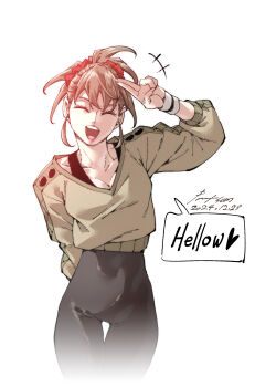 Rule 34 | 1girl, black unitard, breasts, brown hair, closed eyes, commentary, english commentary, facing viewer, highres, nabipenciller, open mouth, original, ponytail, small breasts, smile, solo, sweater, thigh gap