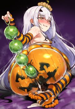 1girl absurdres after_vaginal aftersex anal anal_beads anal_object_insertion anus ass bare_shoulders bikini blush bodypaint breasts clenched_teeth cum cum_in_pussy cumdrip ebora elbow_gloves fate/grand_order fate_(series) fingerless_gloves forked_eyebrows gloves halloween halloween_costume hat highres jack-o&#039;-lantern kneeling long_hair melusine_(fate) micro_bikini object_insertion orange_bikini orange_gloves orange_hat orange_skirt orange_thighhighs pumpkin_costume pussy rolling_eyes sex_toy sidelocks skirt small_breasts solo striped_clothes striped_gloves striped_thighhighs swimsuit teeth thighhighs thighs white_hair yellow_eyes
