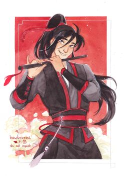 1boy alt_text artist_name belt black_hair black_hanfu black_tunic border chen_qing_ling chenqing_flute chinese_clothes commentary dizi english_commentary flower flute flute_tassel grey_border grey_eyes grey_robe hair_ribbon hanfu hawberries holding holding_flute holding_instrument instrument long_hair long_sleeves looking_at_viewer male_focus outside_border ponytail red_background red_ribbon red_theme red_trim ribbon robe sash smile solo tassel transverse_flute tunic very_long_hair watermark wei_wuxian white_flower