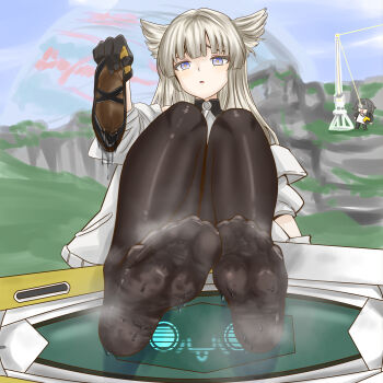 Rule 34 | 1girl, animal ears, arknights, arknights: endfield, blue eyes, feet, highres, long hair, looking at viewer, pantyhose, parted lips, perlica (arknights), shoes, shubing xiansheng, single shoe, smell, soles, steam, sweat, toes, unworn shoes, white hair