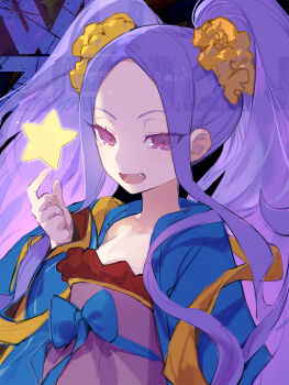 1girl breasts chinese_clothes commentary_request dress fate/grand_order fate_(series) forehead hair_ornament hair_scrunchie hanfu highres long_hair long_sleeves looking_at_viewer open_mouth parted_bangs purple_dress purple_eyes purple_hair scrunchie shawl sidelocks small_breasts smile solo star_(symbol) suzuhi_(fullprayer) twintails very_long_hair wide_sleeves wu_zetian_(fate) wu_zetian_(first_ascension)_(fate) yellow_scrunchie