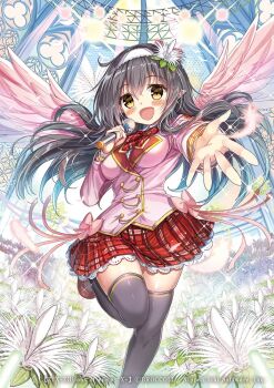 Rule 34 | 1girl, akabane (zebrasmise), black hair, black thighhighs, bow, bowtie, feathered wings, feathers, flower, gold trim, hair flower, hair ornament, hairband, holding, holding microphone, jacket, long hair, microphone, official art, open mouth, pecteilis, pink feathers, pink jacket, pink wings, plaid bow, plaid bowtie, plaid clothes, plaid skirt, pointy ears, reaching, reaching towards viewer, red bow, red bowtie, red skirt, shirt, skirt, solo, sparkle, standing, standing on one leg, thighhighs, white hairband, white shirt, wings, yellow eyes, z/x