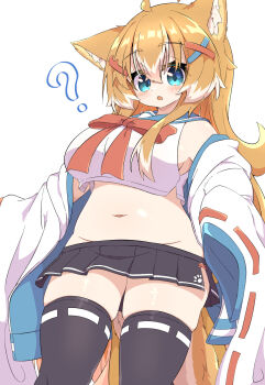 1girl ? ahoge animal_ear_fluff animal_ears aqua_eyes black_skirt black_thighhighs blue_sailor_collar bow bowtie breasts cropped_shirt dog_ears dog_girl dog_tail feet_out_of_frame groin hair_between_eyes hair_ornament hairclip haru_(toramaru2001710) highres jacket jacket_partially_removed large_breasts light_blush long_hair looking_at_viewer miniskirt multicolored_hair navel no_panties open_clothes open_jacket open_mouth orange_hair original pleated_skirt red_bow red_bowtie red_ribbon ribbon ribbon-trimmed_sleeves ribbon-trimmed_thighhighs ribbon_trim sailor_collar shirt side_slit sidelocks simple_background skindentation skirt sleeveless sleeveless_shirt solo standing tail thighhighs thighs toramaru2001710 two-tone_hair very_long_hair white_background white_hair white_jacket white_shirt wide_sleeves x_hair_ornament zettai_ryouiki