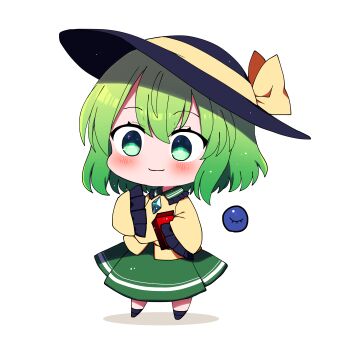 Rule 34 | 1girl, absurdres, black hat, black shoes, blush, bow, buttons, chibi, chibi only, closed mouth, collared shirt, commentary request, contrast collar, diamond button, double-parted bangs, frilled shirt collar, frilled sleeves, frills, full body, green eyes, green hair, green skirt, hair between eyes, hat, hat bow, highres, komeiji koishi, long sleeves, shirt, shoes, short hair, simple background, skirt, sleeves past fingers, sleeves past wrists, smile, solo, standing, third eye, touhou, white background, yellow bow, yellow shirt, you (noanoamoemoe)