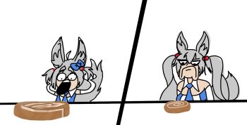 1girl animal_ears bow chibi chibi_only fox_ears fox_girl fox_tail frown grey_hair hair_bow highres indie_virtual_youtuber kirsche_verstahl mayorofecksdeeville meme moonpie necktie opera_gloves sketch tail virtual_youtuber