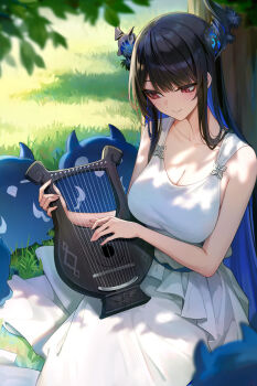 1girl asymmetrical_horns black_hair black_horns blue_hair blurry blurry_foreground breasts cleavage closed_mouth colored_inner_hair commentary day dress english_commentary fishing_lure flower highres holding holding_instrument holding_lyre hololive hololive_english horn_flower horns instrument jailbird_(nerissa_ravencroft) large_breasts leaf long_hair lyre mole mole_under_eye multicolored_hair nerissa_ravencroft on_grass oopartz_yang outdoors purple_eyes sidelocks sitting sleeveless sleeveless_dress slit_pupils smile solo straight_hair tree uneven_horns very_long_hair virtual_youtuber white_dress
