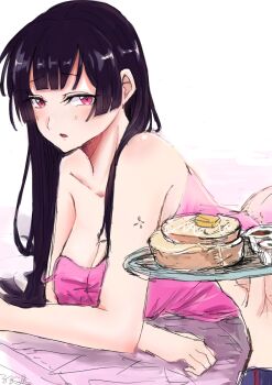 1boy 1girl artist_request black_hair breasts cleavage code_geass code_geass:_dakkan_no_roze collarbone highres large_breasts long_hair lying on_stomach purple_eyes sumeragi_sakuya