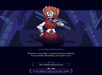 1girl @_@ animatronic blue_background blue_theme blush_stickers bow breasts character_name circus_baby_(fnaf) clothed_robot clown colored_skin commentary cowboy_shot dialogue_options electric_fan english_commentary english_text facing_viewer fake_screenshot five_nights_at_freddy's five_nights_at_freddy's:_sister_location gameplay_mechanics green_eyes hair_bow hand_on_own_hip hatching_(texture) helltaker highres holding holding_microphone humanoid_robot indoors joints looking_at_viewer medium_breasts microphone microphone_cord midriff multiple_hair_bows mysaltisexposed open_mouth options orange_hair parody purple_bow red_lips red_nose red_skirt robot robot_girl robot_joints rotating_fan shirt skirt sleeveless sleeveless_shirt solo style_parody teeth twintails upper_teeth_only user_interface vanripper_(style) video_game_dialogue_box white_skin wireless_microphone