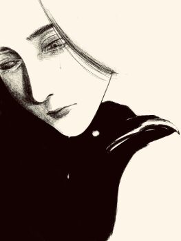 Rule 34 | 1girl, abstract, animal, bird, black outline, highres, long hair, original, outline, solo, tearing up, tears, tp p pt, white background, white hair