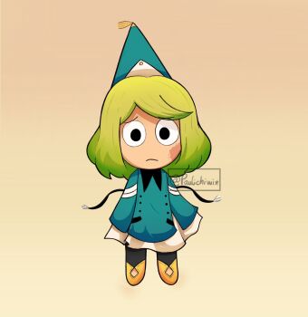 1girl artist_name black_eyes chibi coco_(tongari_boushi_no_atelier) gradient_background green_hair hat highres paulichiwidraw qifrey&#039;s_atelier_apprentice_uniform scar scar_on_face short_hair solo tongari_boushi_no_atelier