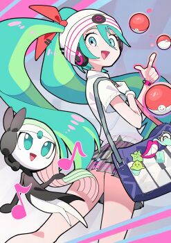 bag beanie gen_5_pokemon gloves hair_through_headwear hanten_(hantennano) hat hatsune_miku highres legendary_pokemon meloetta meloetta_(aria) mythical_pokemon nintendo poke_ball poke_ball_(basic) pokemon polo_shirt project_voltage psychic_miku_(project_voltage) shoulder_bag single_glove vocaloid