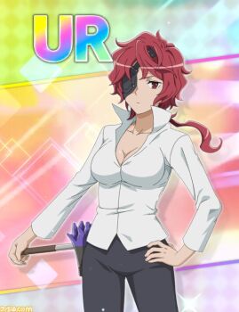 1girl breasts cleavage dungeon_ni_deai_wo_motomeru_no_wa_machigatteiru_darou_ka eyepatch hephaistos_(danmachi) official_art pants red_hair source_request