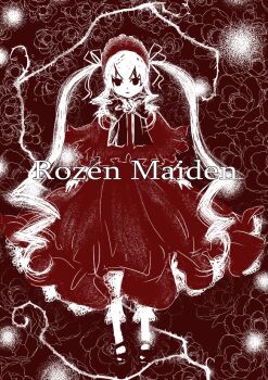 1girl bonnet closed_mouth commentary_request dress drill_hair drill_sidelocks expressionless floral_background full_body lolita_fashion long_dress long_hair long_sleeves looking_at_viewer masaki3 monochrome red_theme rozen_maiden shinku shoes sidelocks solo twintails very_long_hair