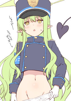1girl :o absurdres akane_souichi armband black_hat black_jacket black_tail blue_archive blue_armband blue_trim blush buttons clothes_grab clothes_pull commentary cowboy_shot cropped_jacket demon_tail dot_nose double-breasted earrings from_below gloves green_hair green_halo hair_between_eyes halo hat highres hikari_(blue_archive) jacket jewelry long_hair long_sidelocks long_sleeves looking_at_viewer midriff navel no_panties pantyhose parted_lips partially_undressed peaked_cap pointy_ears pulling_own_clothes sidelocks simple_background single_earring solo standing sweatdrop tail translation_request very_long_hair wavy_hair white_background white_gloves white_pantyhose yellow_eyes