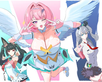 3girls :o ;o absurdres alternate_hairstyle angels_of_delusion aria_(zenless_zone_zero) aria_(zenless_zone_zero)_(cosplay) asrielkisyoten black_hair black_horns black_shirt blue_eyes breasts cleavage commentary_request cosplay detached_sleeves double_v dress grey_hair hair_intakes heterochromia highres horns hoshimi_miyabi large_breasts looking_at_viewer medium_breasts medium_hair multiple_girls nangong_yu nangong_yu_(cosplay) one_eye_closed pink_hair purple_eyes red_eyes remielle_dan shirt sunbringer_(zenless_zone_zero) sunna_(zenless_zone_zero) sunna_(zenless_zone_zero)_(cosplay) twintails v white_dress white_shirt white_wings wings yellow_eyes zenless_zone_zero