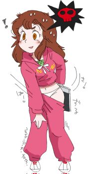 ! 1girl baggy_clothes baggy_pants blush breasts brown_hair character_request copyright_request covering_ass covering_privates dated full_body fussan_senryobako highres holding_pants long_hair long_sleeves medium_breasts midriff_peek motion_lines navel open_mouth panties pants pantyshot purple_pants purple_shirt red_eyes shirt shoes sidelocks simple_background solo spoken_skull sweat underwear unworn_pants white_background white_panties white_shoes