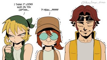 1boy 2girls absurdres bandana blonde_hair brown_eyes brown_hair brown_vest commentary english_commentary english_text eyewear_on_head fingerless_gloves fio_germi glasses gloves grappler_baki green_bandana green_gloves green_vest hand_in_own_hair highres ishowspeed_trying_not_to_laugh_(meme) kasamoto_eri meme metal_slug multiple_girls opaque_glasses pencilman_draws puckered_lips smile stifled_laugh sunglasses tarma_roving tears trembling twitter_username vest wavy_mouth yellow_vest