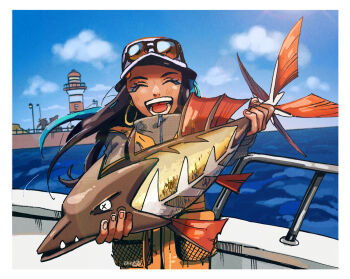 1girl :d ^_^ alternate_costume animal barraskewda black_hair blue_eyeshadow blue_hair blush boat border closed_eyes cloud commentary_request dark-skinned_female dark_skin day earrings eyeshadow eyewear_on_headwear fish fishing gen_8_pokemon hat highres holding holding_animal holding_fish hoop_earrings jacket jewelry life_vest lighthouse long_hair makeup multicolored_hair nessa_(pokemon) nintendo on_boat open_mouth outdoors pokemon pokemon_(creature) pokemon_swsh sky smile suno_(su_no125) teeth two-tone_hair watercraft white_border x_x