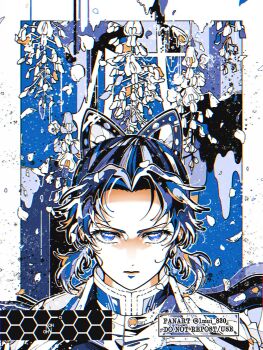 Rule 34 | 1girl, black jacket, border, butterfly hair ornament, butterfly print haori, closed mouth, commentary request, demon slayer uniform, flower, gold buttons, hair ornament, haori, highres, jacket, japanese clothes, kimetsu no yaiba, kochou shinobu, looking at viewer, medium hair, mui 830, parted bangs, print haori, sidelocks, solo, twitter username, updo, upper body, white border, wisteria