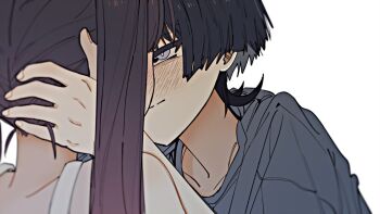1boy 1girl alternate_costume alternate_universe bare_shoulders black_hair blunt_ends blush bright_pupils casual closed_mouth colored_inner_hair contemporary couple eyeliner eyeshadow fingernails genshin_impact gradient_hair grey_eyes grey_hair grey_shirt hair_pulled_back half-closed_eyes hand_on_another&#039;s_head hetero highres long_hair looking_at_another makeup mona_(genshin_impact) multicolored_hair pink_hair red_eyeliner red_eyeshadow scaramouche_(genshin_impact) shirt spaghetti_strap split_mouth tsurime twintails white_background white_pupils ysnden