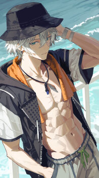 Rule 34 | 1boy, absurdres, against railing, arm up, black hat, closed mouth, commentary request, cowboy shot, green eyes, grey hair, hair between eyes, hand in pocket, hat, highres, jacket, looking at viewer, male focus, nanjo maya, navel, open clothes, open jacket, outdoors, railing, short hair, short sleeves, solo, toned, toned male, towel, towel around neck, unzipped, water, wise (peaceful waves) (zenless zone zero), wise (zenless zone zero), zenless zone zero